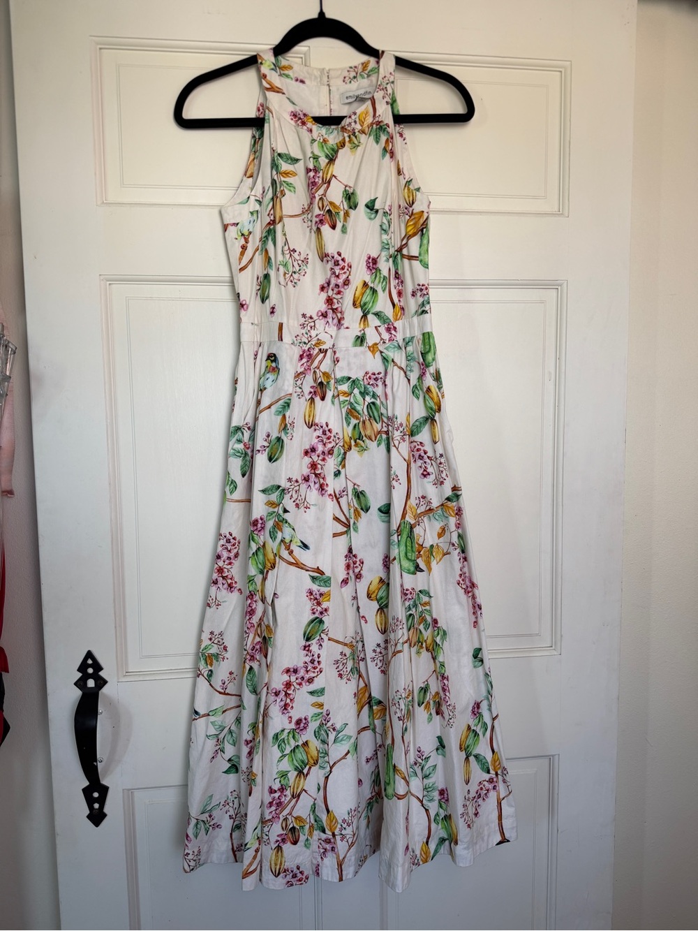 Sleeveless White Maxi Dress with Green and Yellow Floral Print